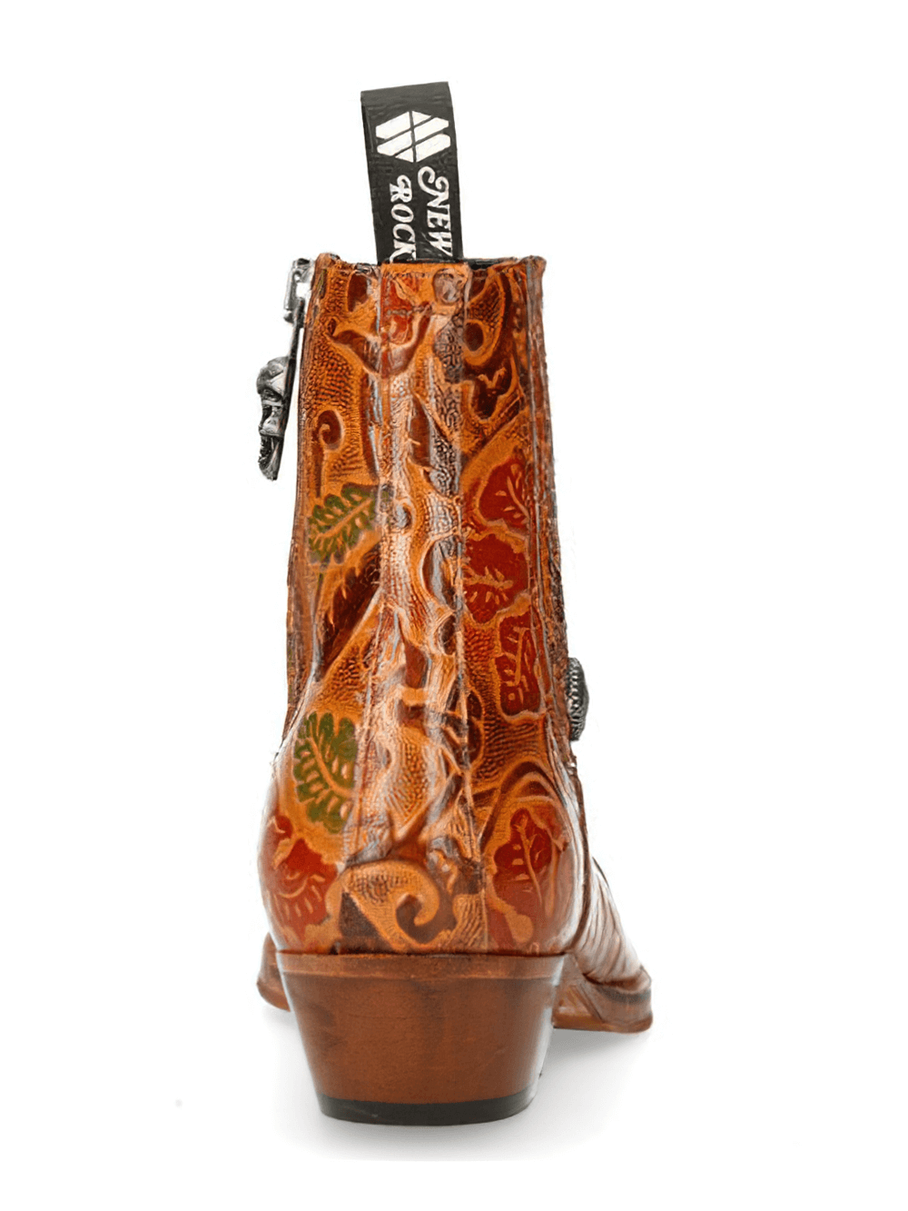 Back view of NEW ROCK elegant embossed leather ankle boots for women with intricate designs.