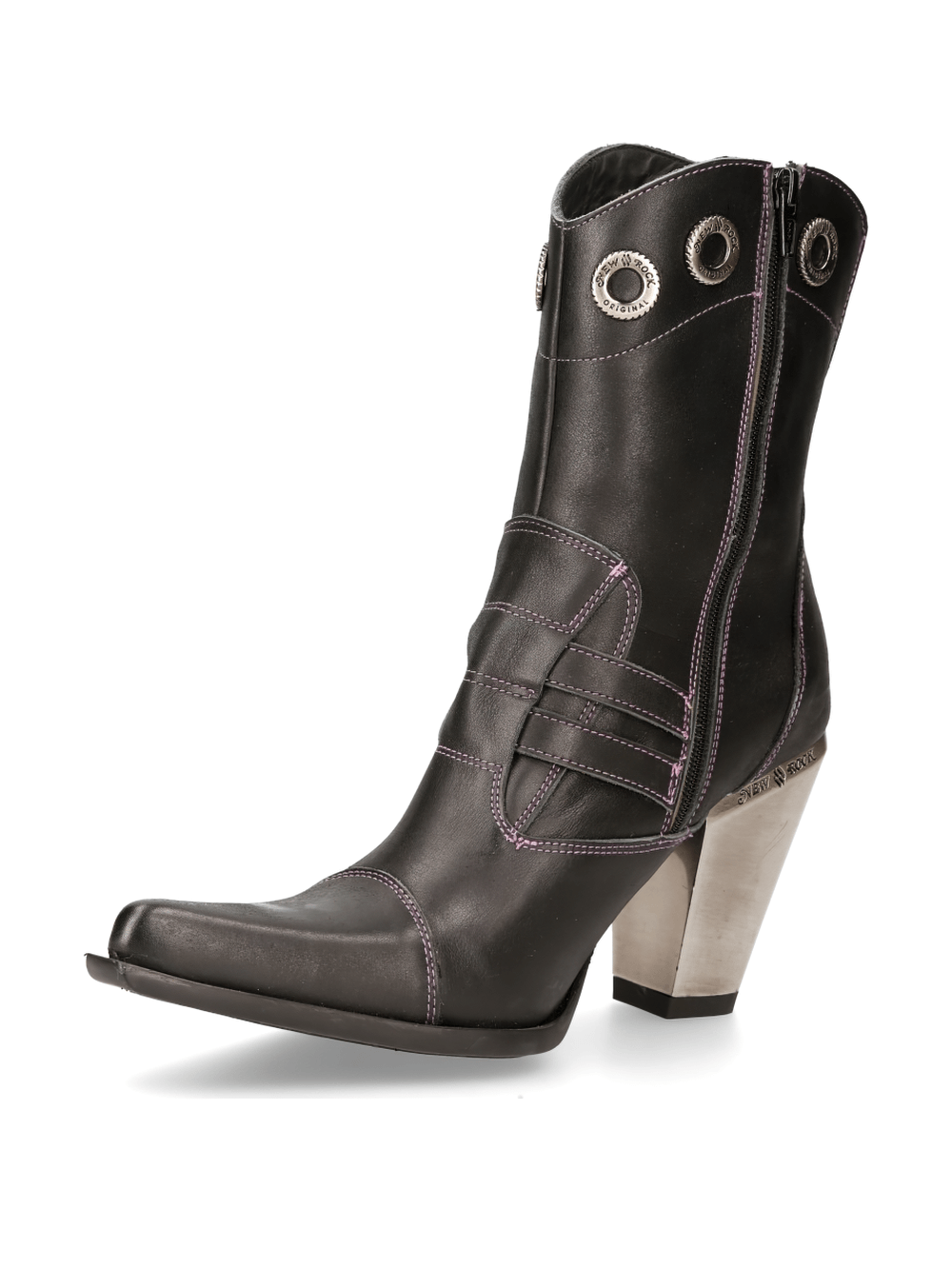 Stylish black ankle boots with silver embellishments and a trendy heel, perfect for a bold fashion statement.