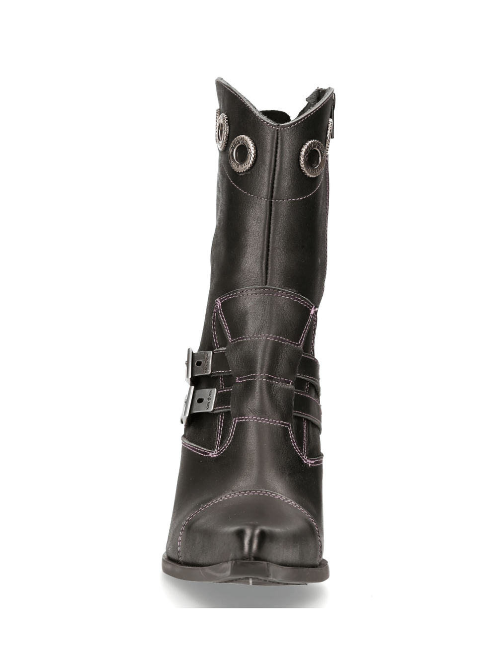 Black ankle boots with silver buckles and stylish eyelets for a bold fashion statement.