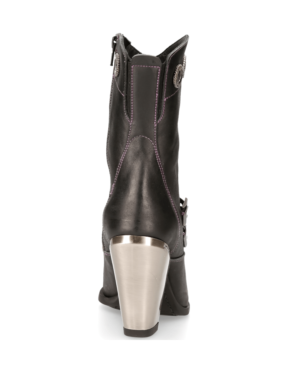 Back view of NEW ROCK black ankle boots featuring silver buckle and stylish metallic heel.