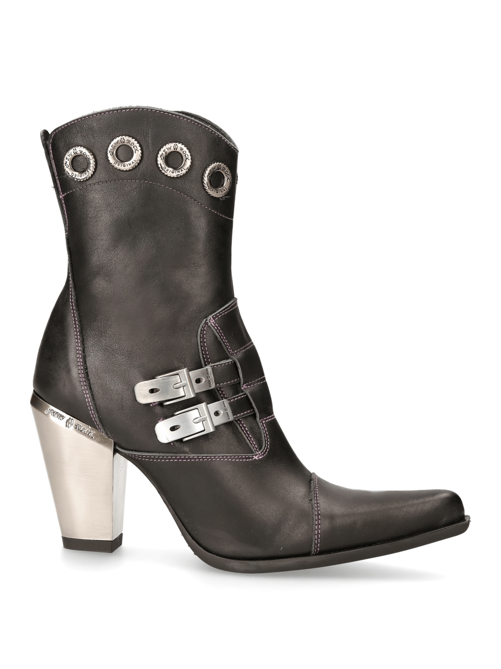 NEW ROCK embellished black ankle boots with silver buckle featuring a sleek design and stylish heel.