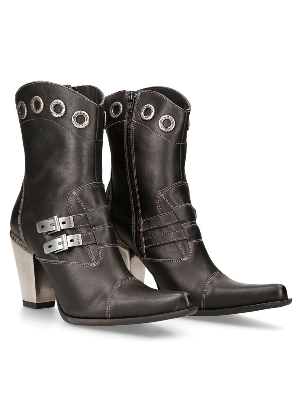 Sleek black ankle boots with silver buckles and a stylish pointed toe, perfect for bold fashion statements.