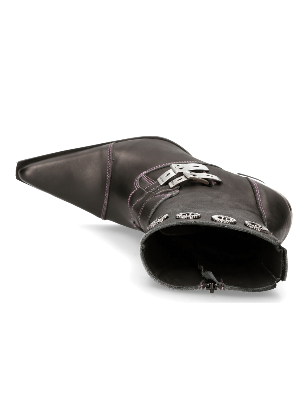 Stylish black ankle boots with silver buckle and embellishments, showcasing a bold urban design.