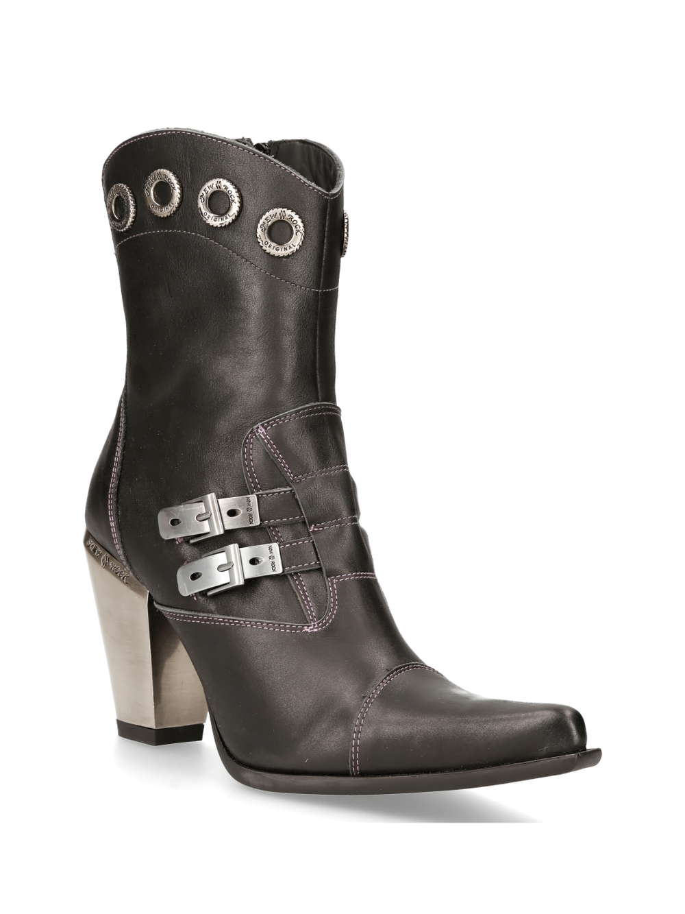 NEW ROCK Embellished Black Ankle Boots with Silver Buckle and Stylish Heel