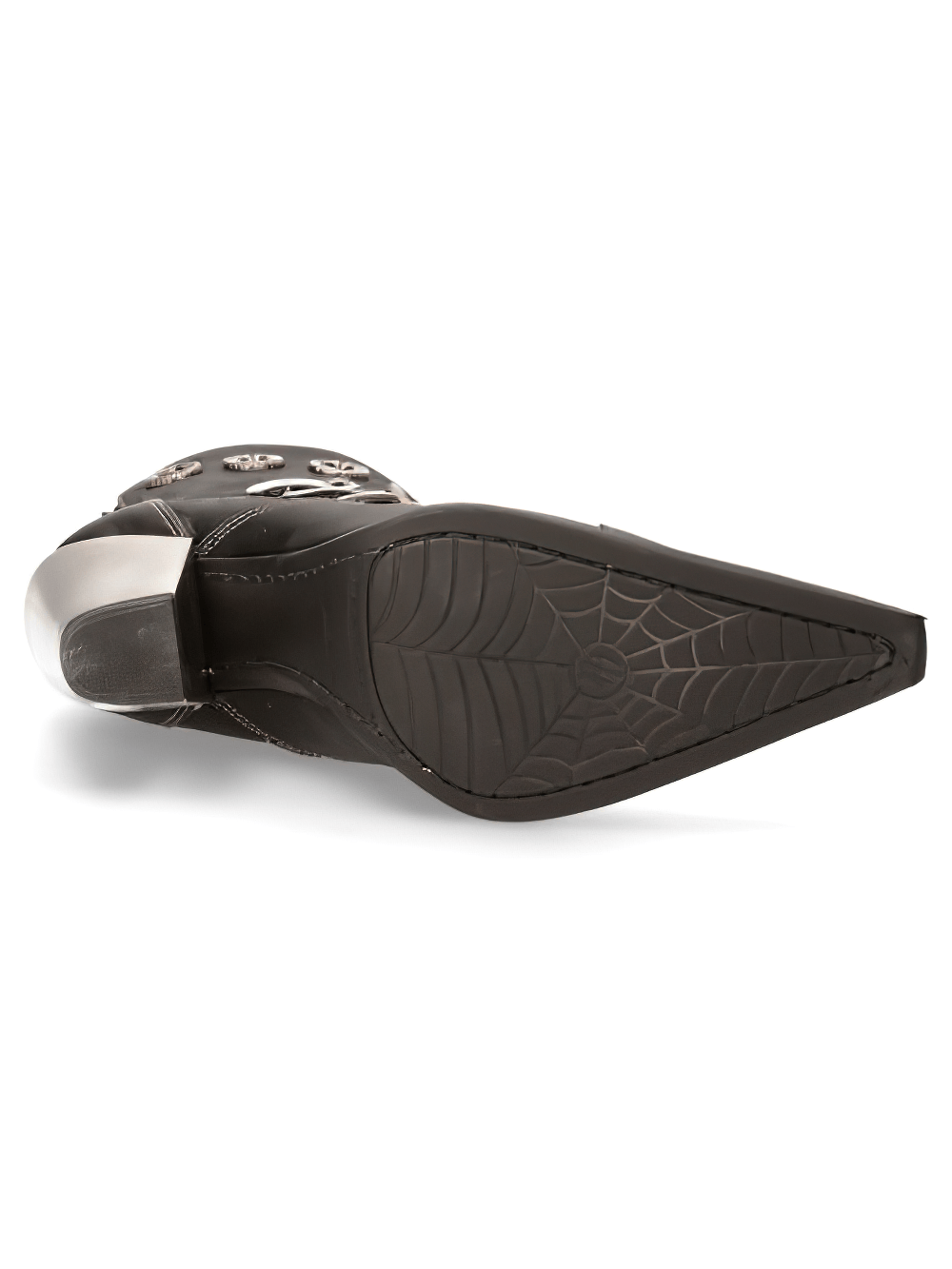 Sleek black ankle boot sole showcasing a stylish silver buckle and edgy spider web pattern.