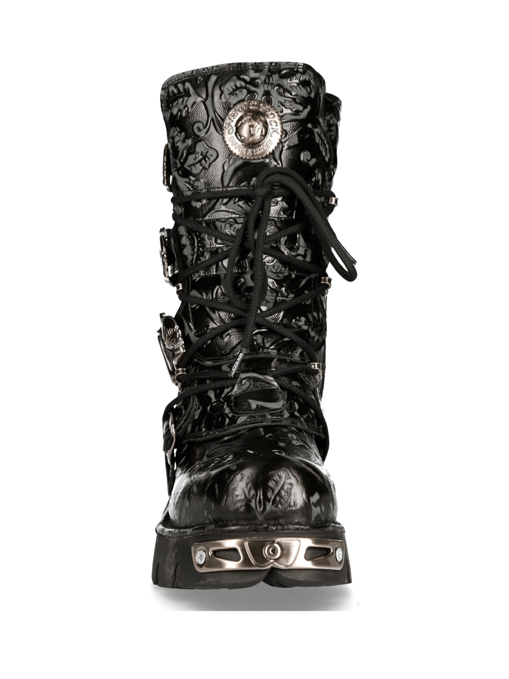 NEW ROCK Men's Embossed Black Gothic Boot with Buckle Detail and intricate designs, crafted for bold fashion.