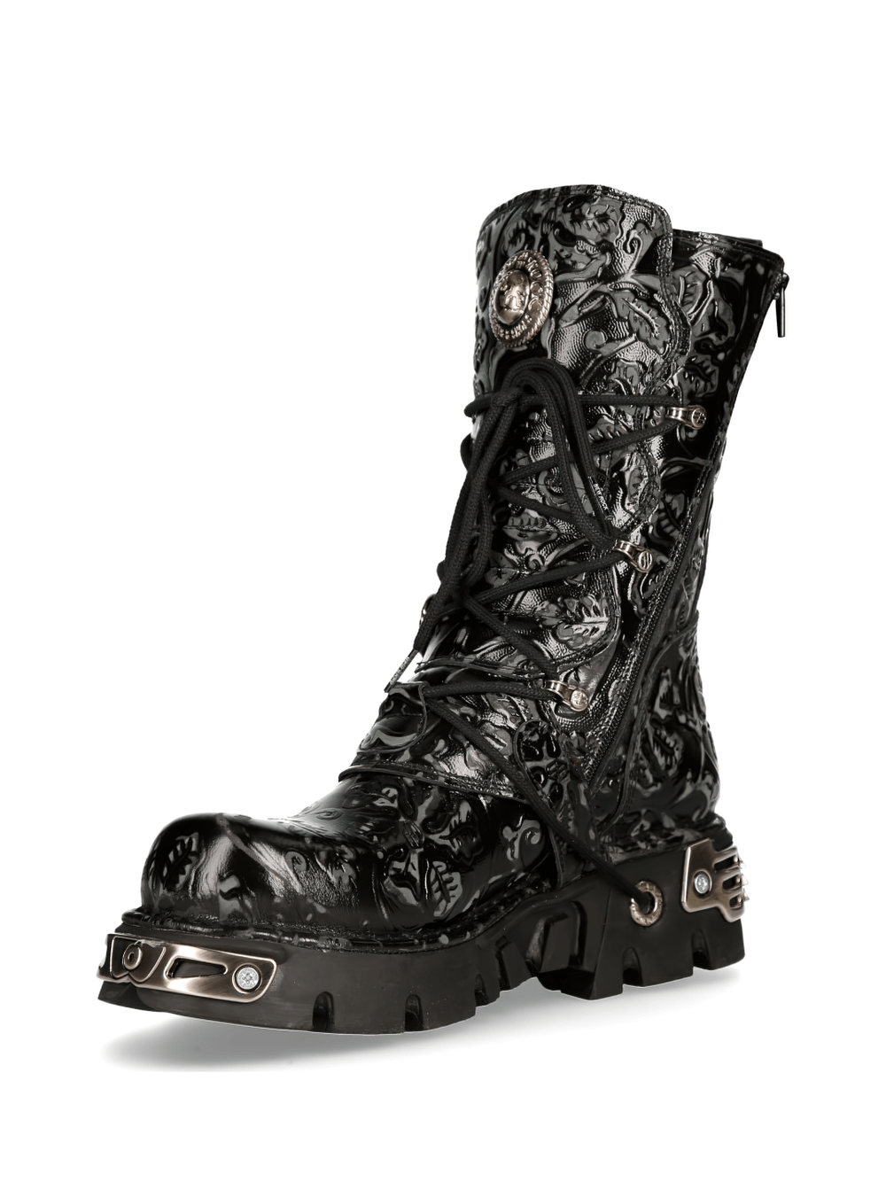 NEW ROCK Men's Gothic Embossed Black Boot with Buckle Detail for punk rock enthusiasts.