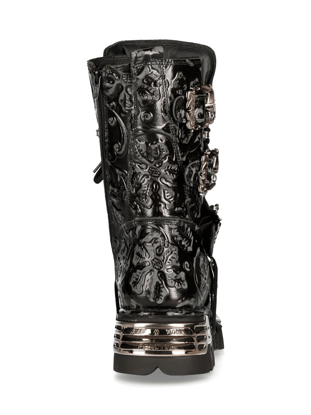 Gothic embossed black leather boot with buckle detail, showcasing intricate patterns and punk rock flair.