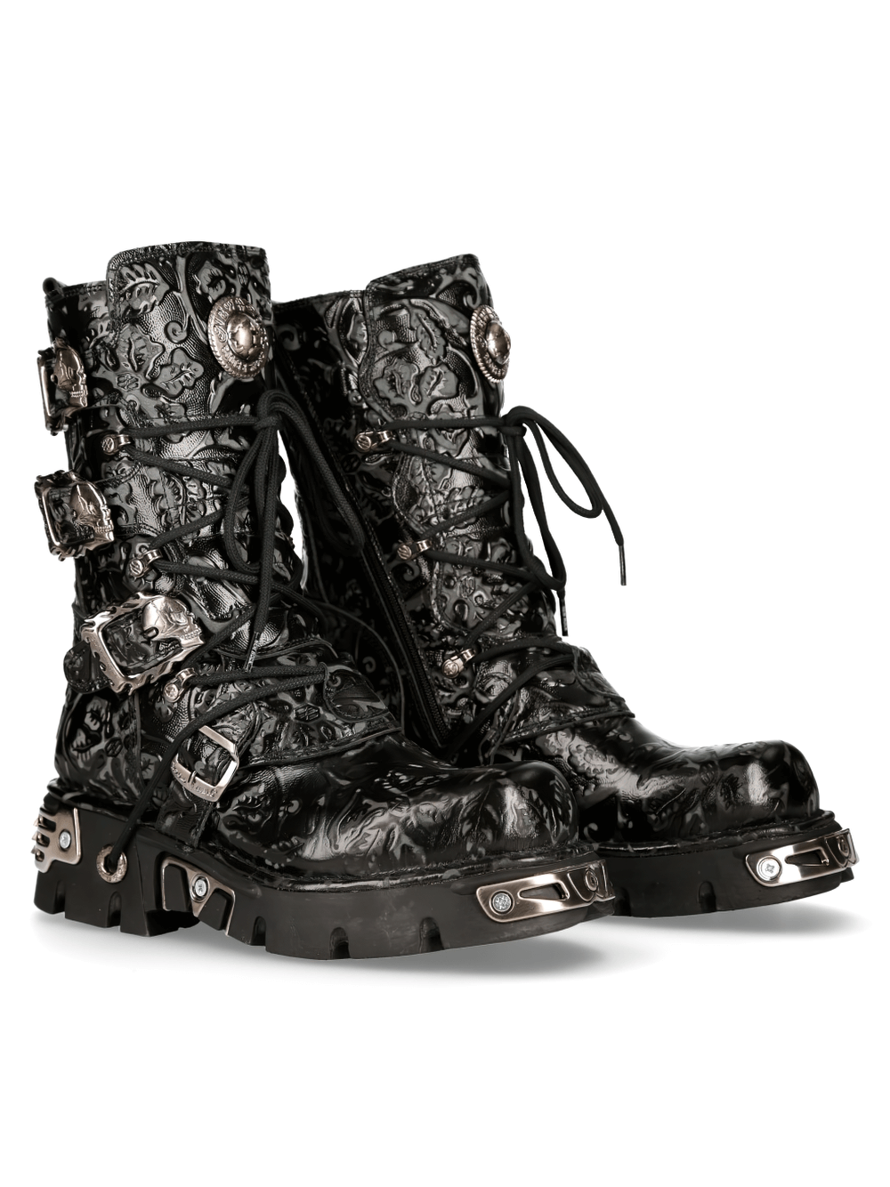 NEW ROCK Embossed Black Gothic Boot with Buckle Detail