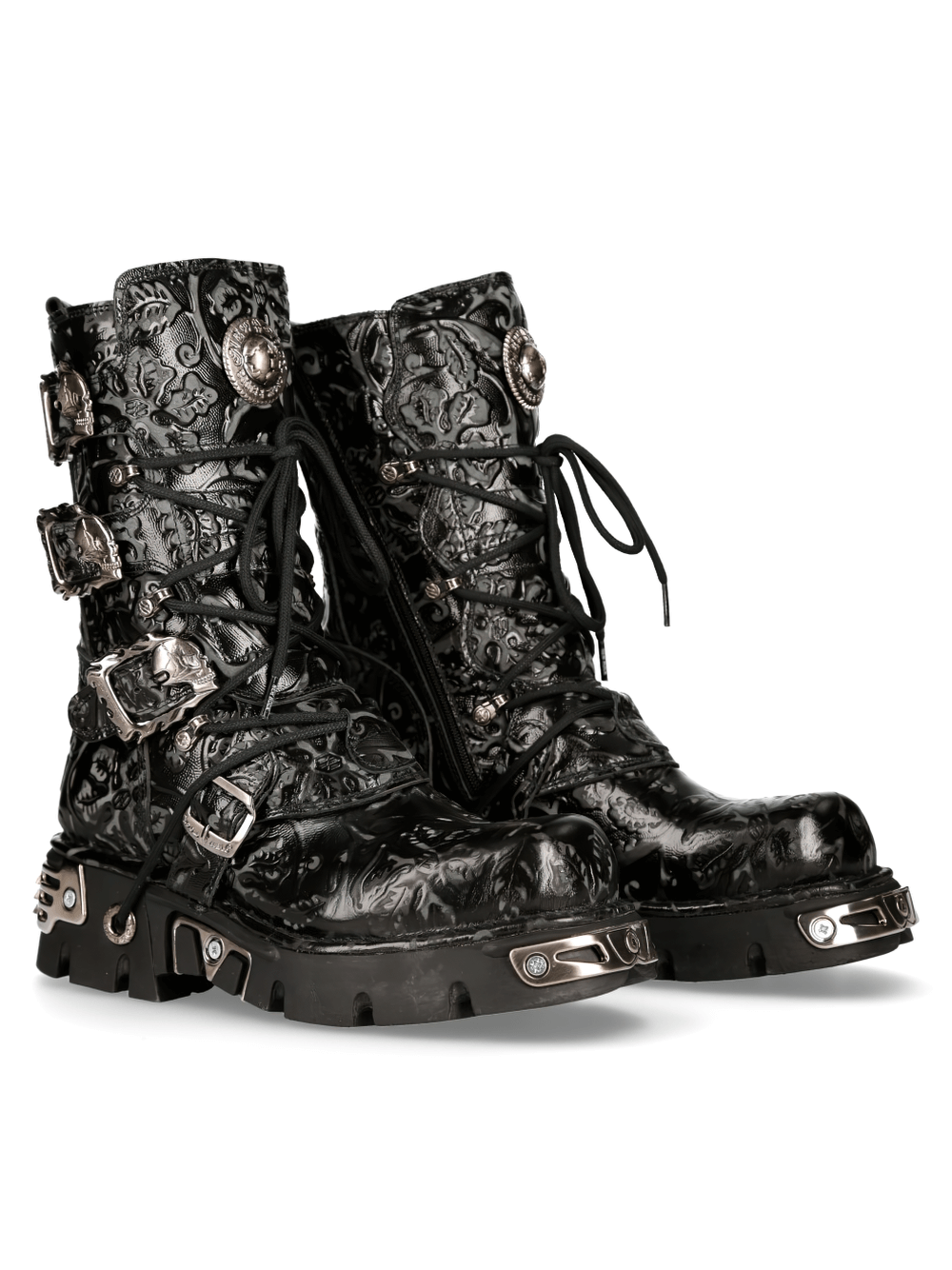 Gothic embossed black buckle boots with intricate detailing, perfect for punk rock enthusiasts.