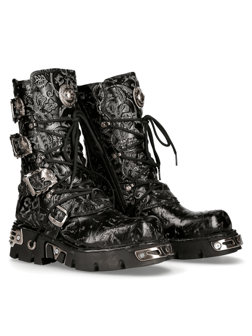 NEU ROCK Damen geprägter schwarzer Gothic-Stiefel mit Schnallendetail