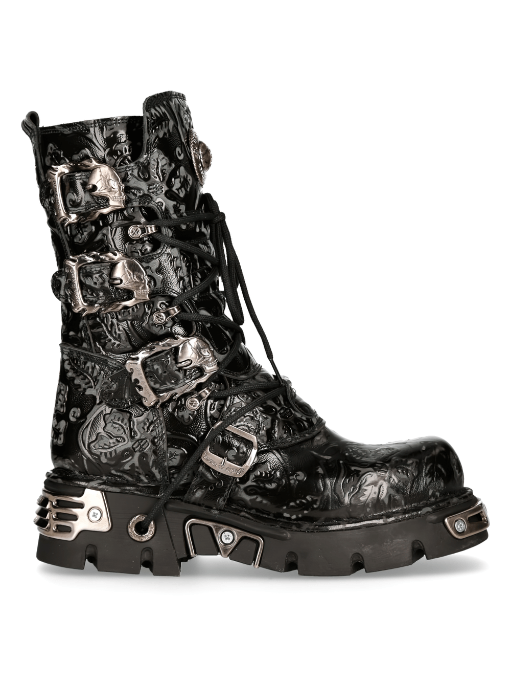 Gothic embossed black leather boots with buckle detail, blending punk rock style with Newrock craftsmanship.