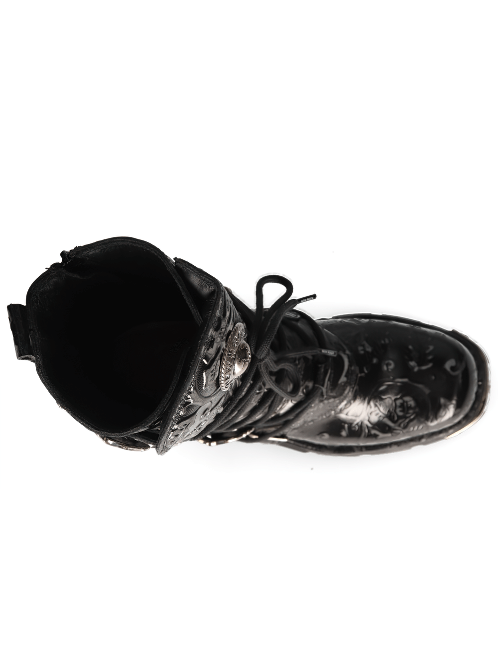 Top view of NEW ROCK Men's Embossed Black Gothic Boot, showcasing intricate designs and buckle detail.