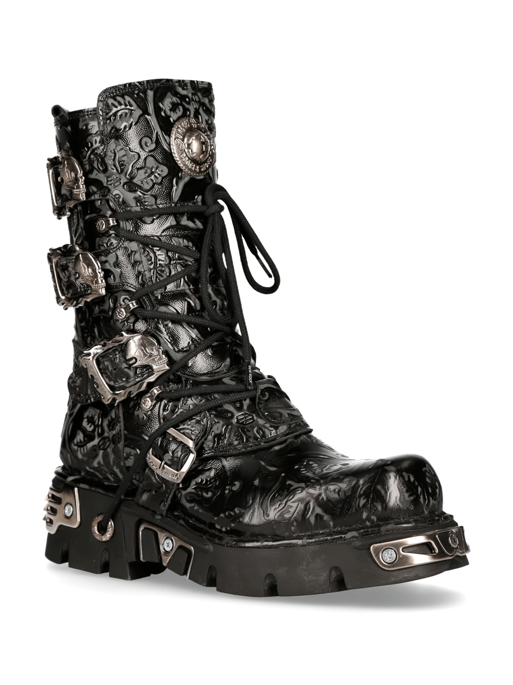 Gothic embossed black leather boot with buckle details from NEW ROCK, blending punk rock style with craftsmanship.
