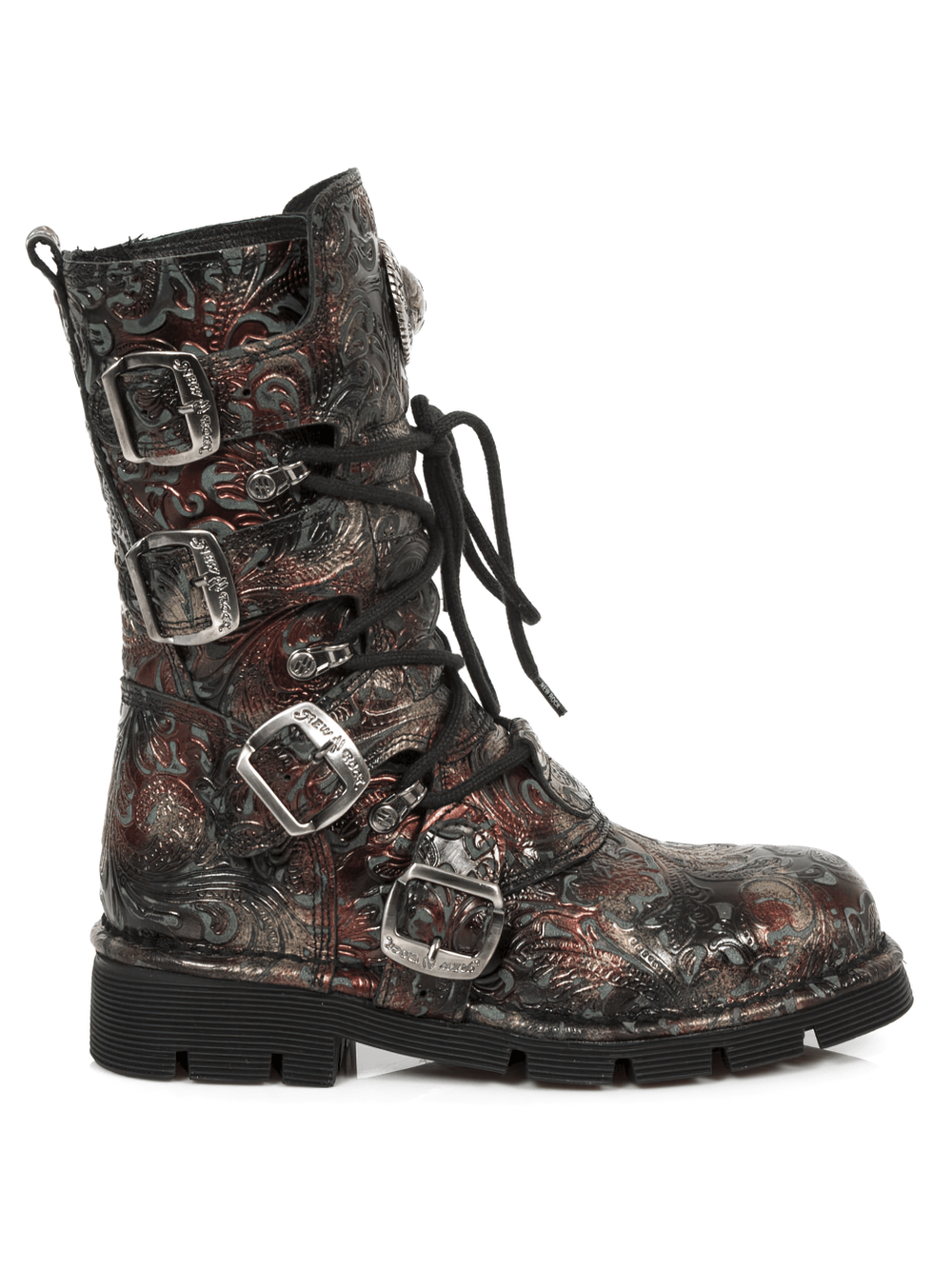 Ornate red leather gothic buckle boots with multiple straps and a rugged sole, perfect for bold fashion statements.