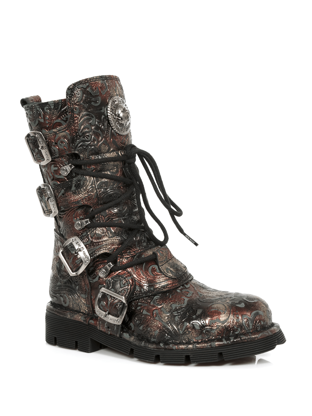 NEW ROCK Men's Embossed Gothic Buckle Boots in ornate red leather with stylish buckles and a rugged sole.
