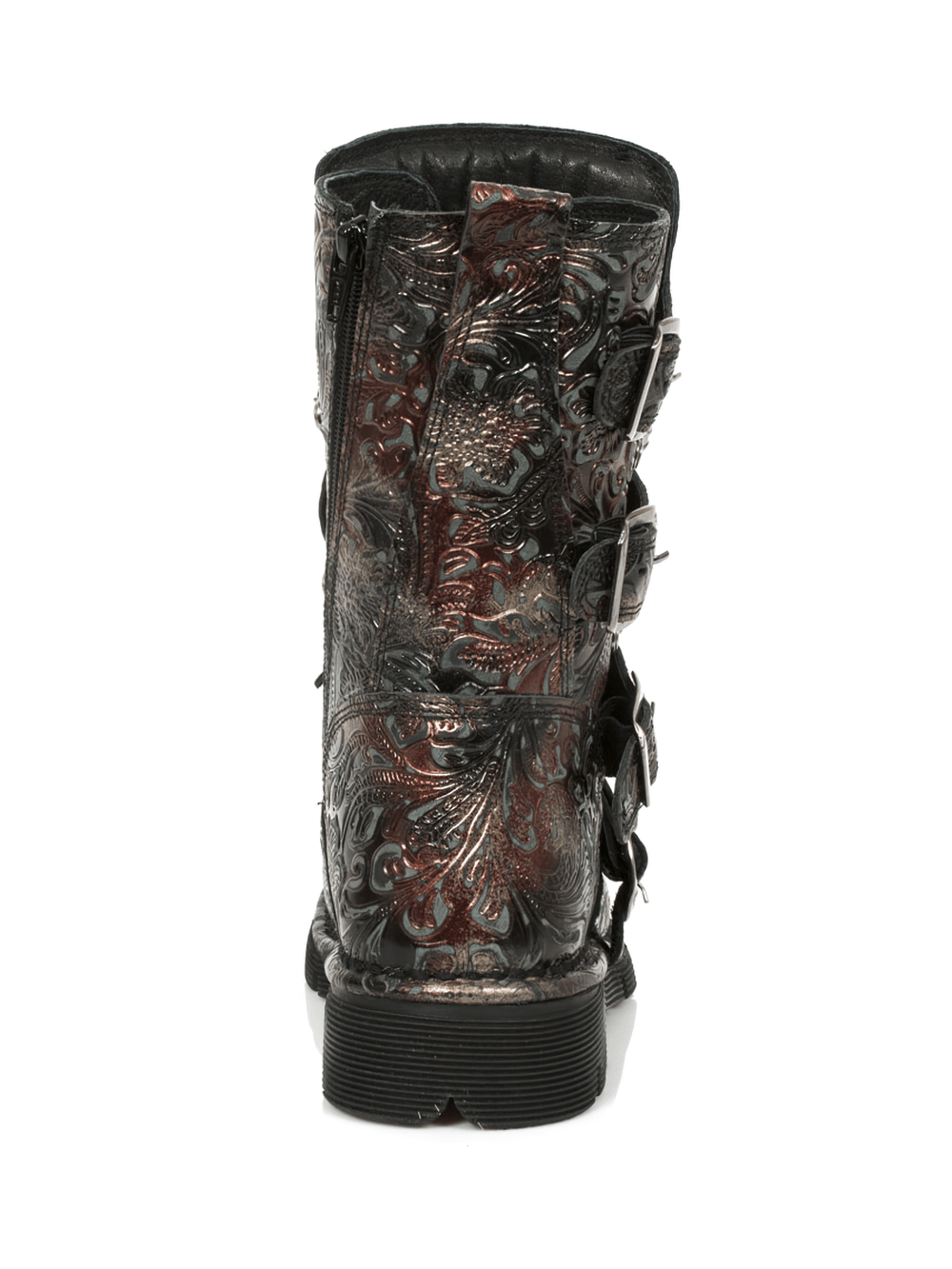 Embossed red leather gothic buckle boots, showcasing intricate detailing from the back view.