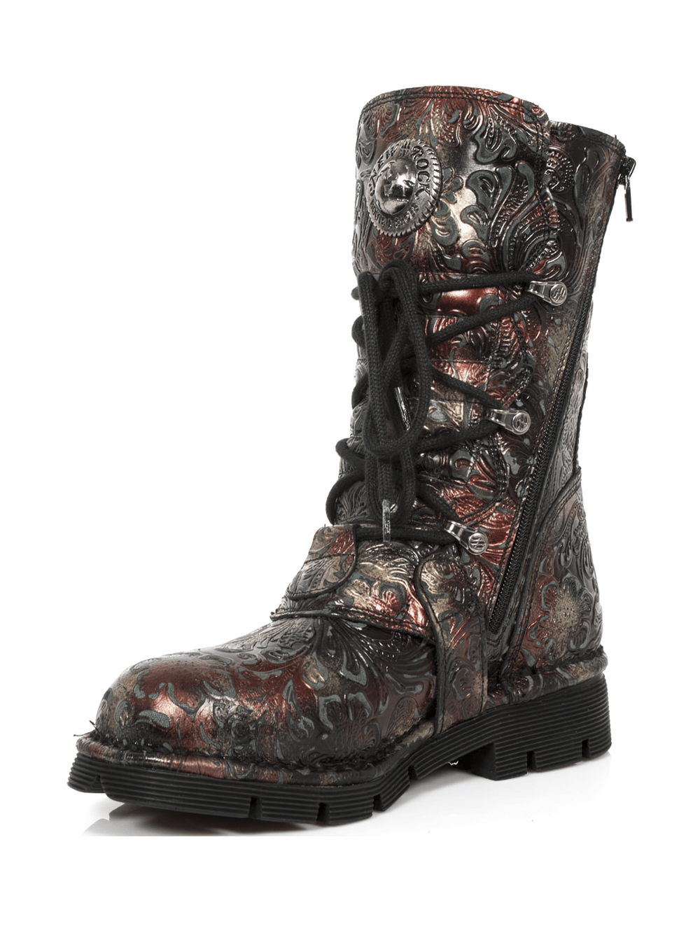 Ornate embossed gothic buckle boot in metallic red and black leather for a bold punk look.