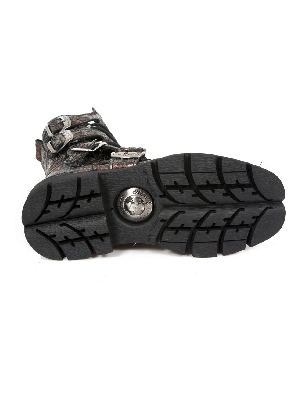Bottom view of NEW ROCK Men's Red Leather Gothic Buckle Boots showcasing the durable rubber sole and intricate details.