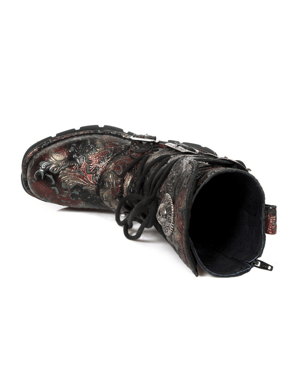 Top view of NEW ROCK red leather Gothic buckle boots with ornate embossed details and rugged sole.