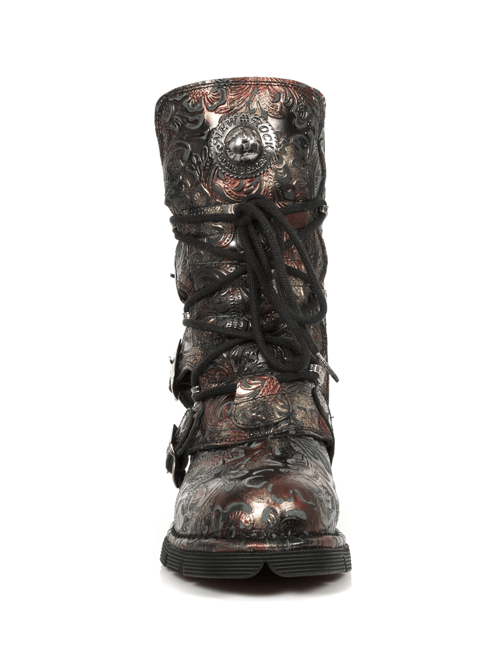 Front view of NEW ROCK Men's Gothic Buckle Boots in embossed red leather with unique detailing.