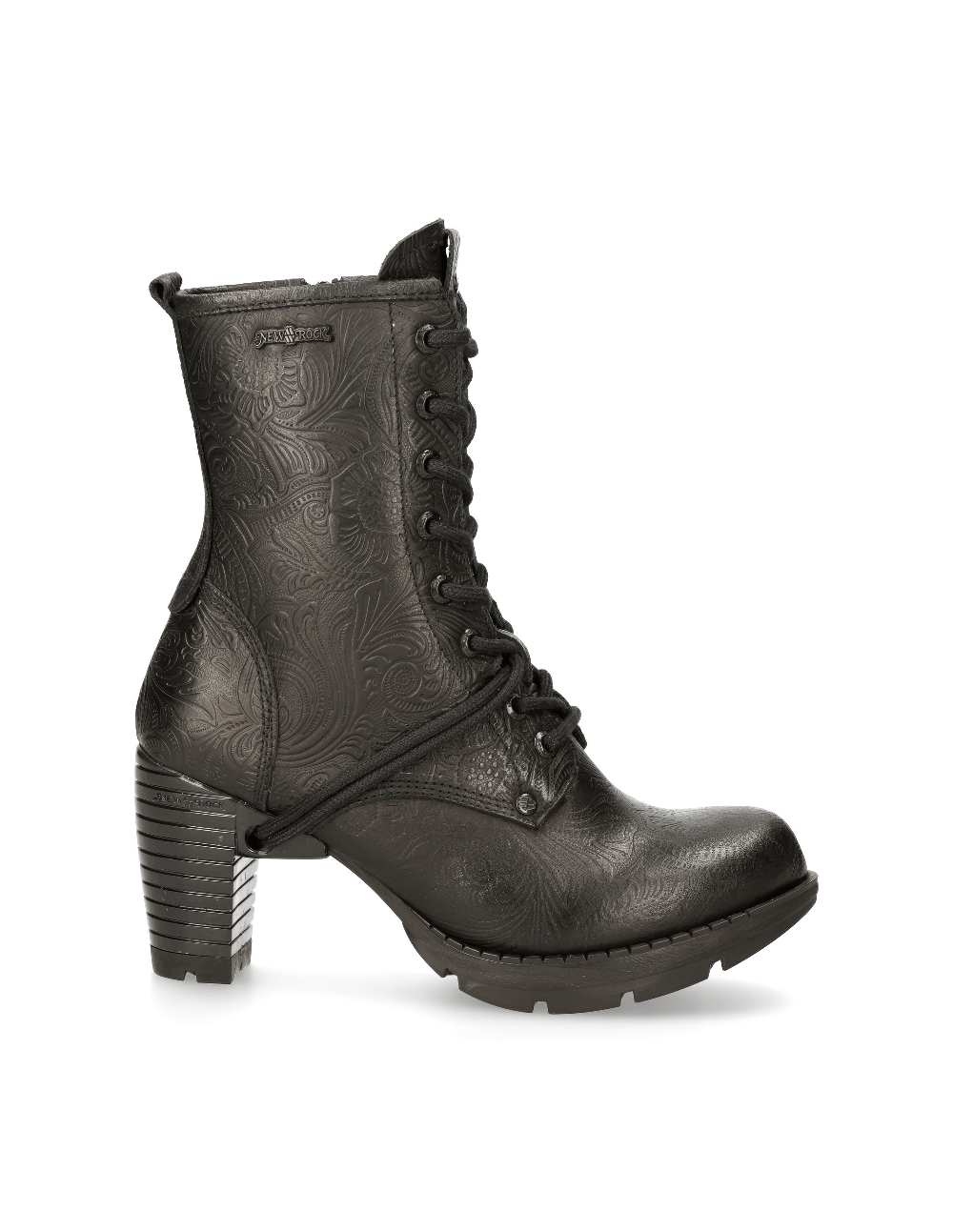 NEW ROCK Black Ankle Boots with Embossed Leaf Design and Striped Heel, perfect for a gothic punk look.