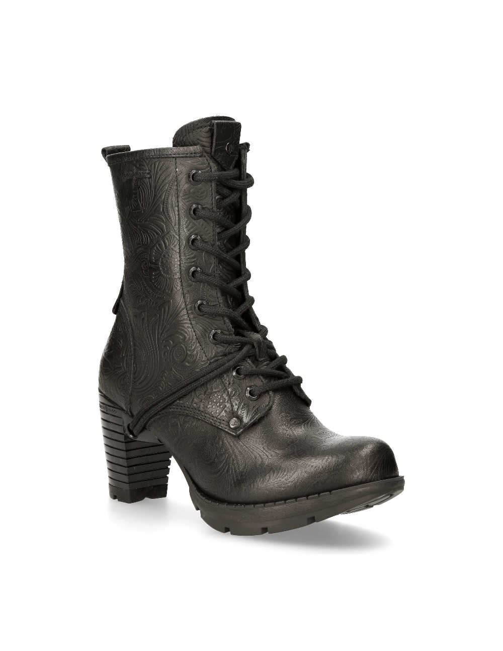 NEW ROCK Black Embossed Leaf Ankle Boots with Striped Heel, perfect for a goth-inspired look.