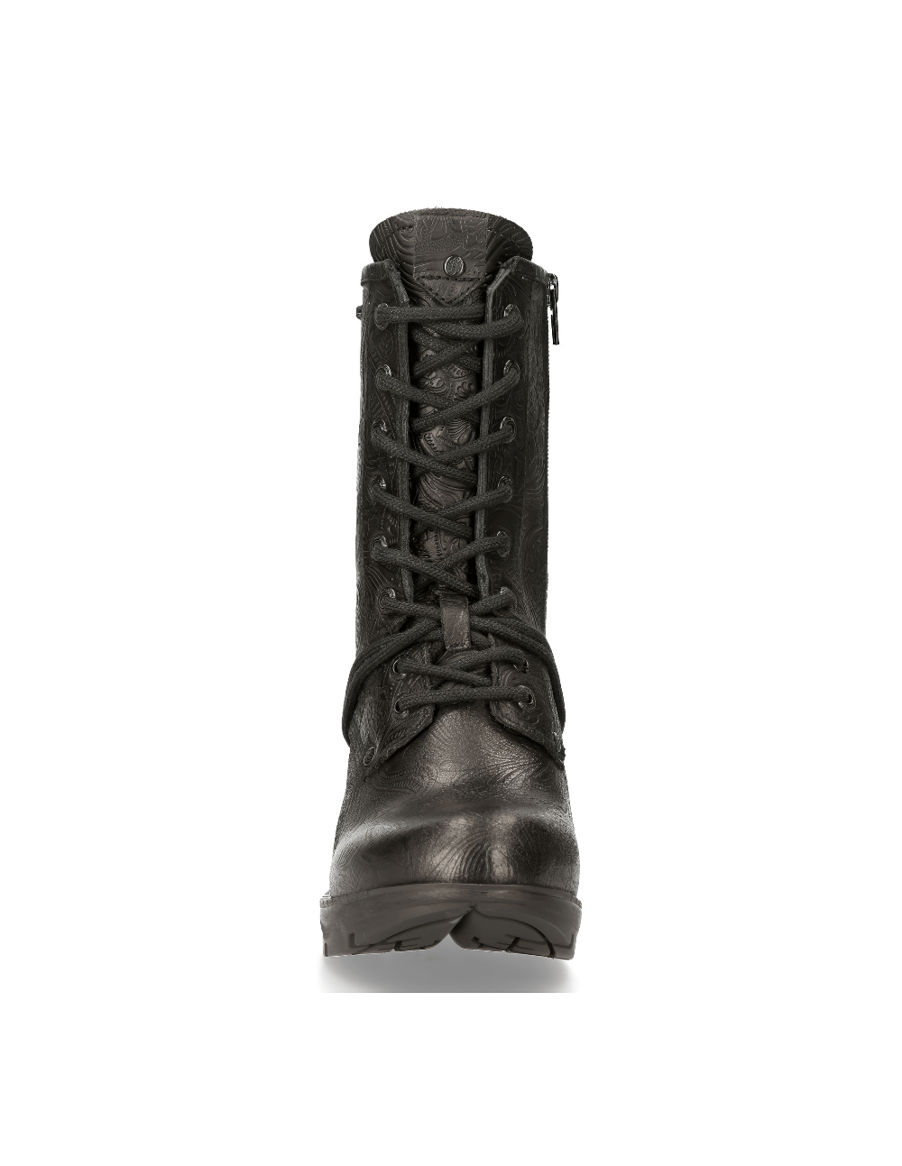 NEW ROCK Embossed Leaf Black Ankle Boots, gothic lace-up design with zipper closure and sturdy sole for fashion-forward style.