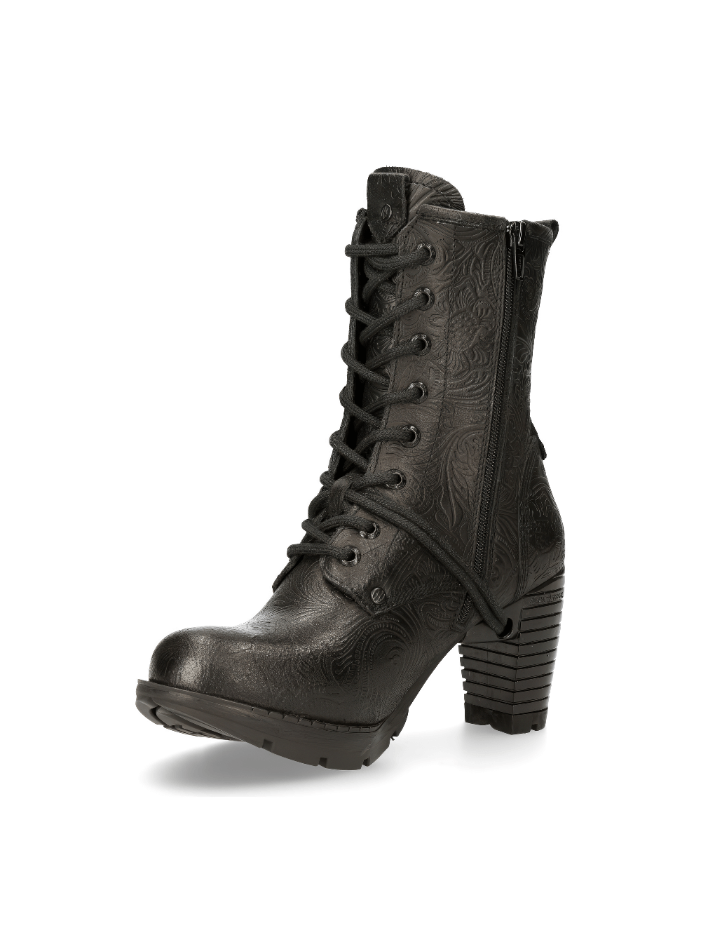 NEW ROCK black embossed lace-up ankle boots with striped heel for a gothic punk look.