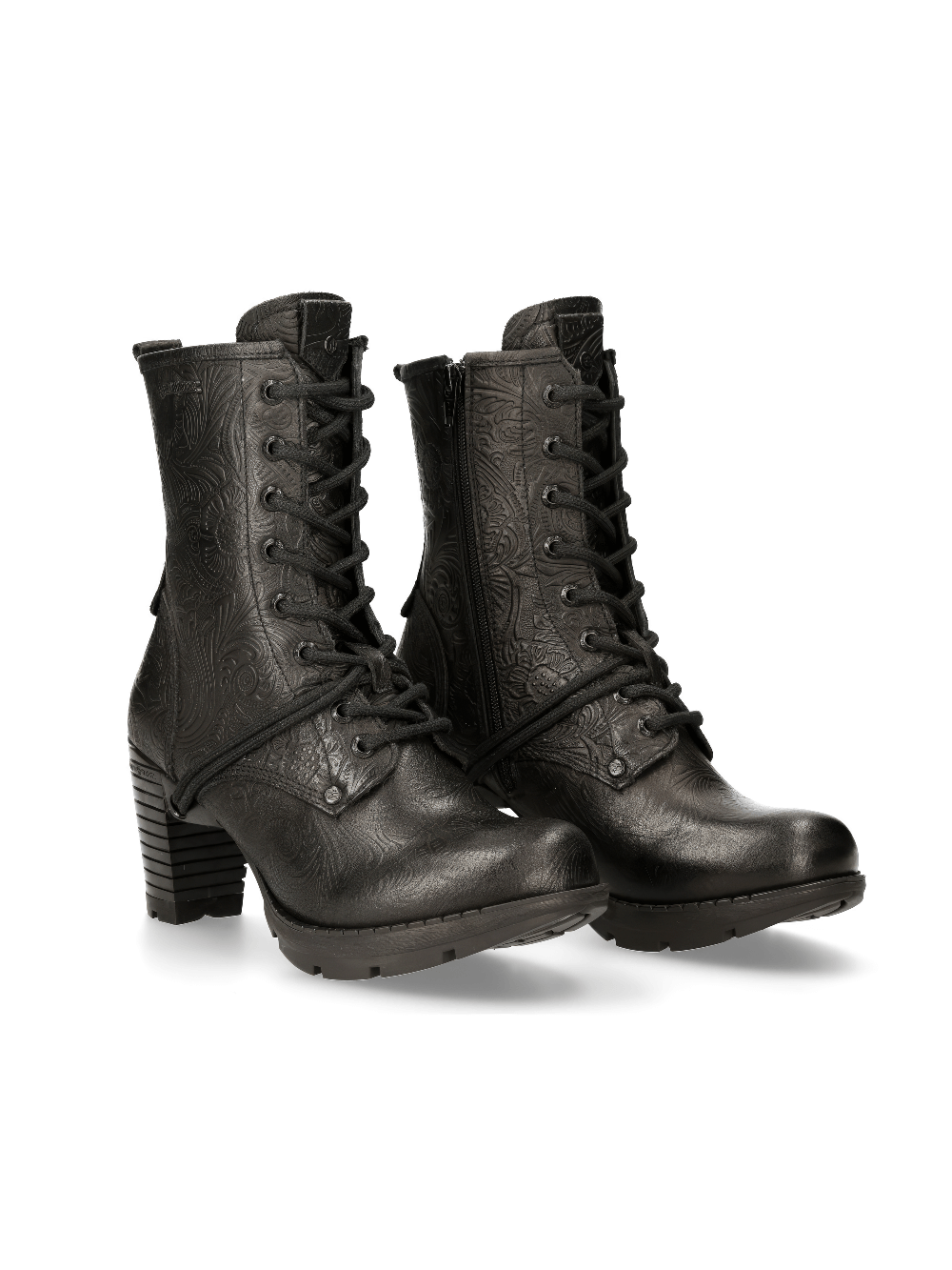 NEW ROCK embossed leaf black ankle boots with striped heel, perfect for gothic and punk rock fashion lovers.