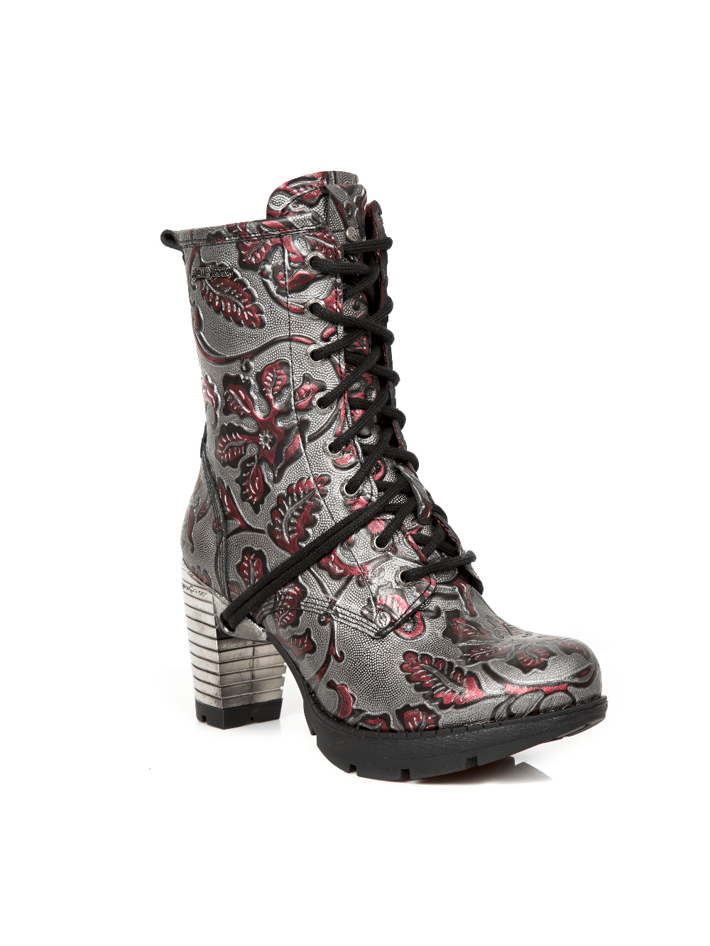 Stylish gray ankle boots with red embossed leaves print, lace-up design, and stacked heels for a punk rock look.