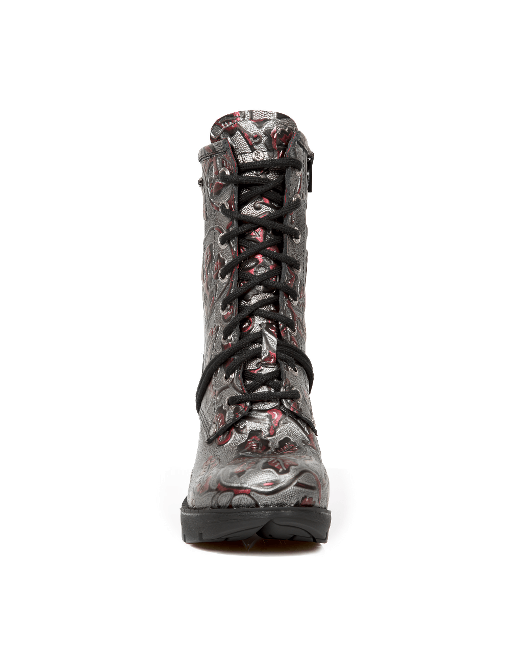 Stylish women's gray ankle boots with red and silver embossed leaves print and lace-up front design.