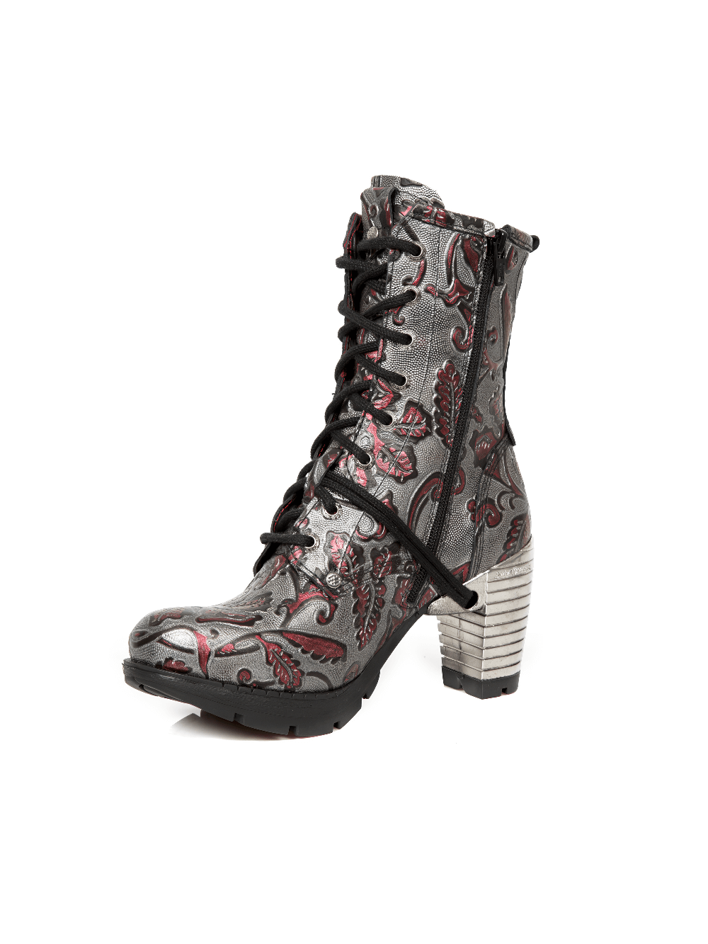 Stylish NEW ROCK gray ankle boots with red embossed design and stacked heels for a unique punk-rock flair.