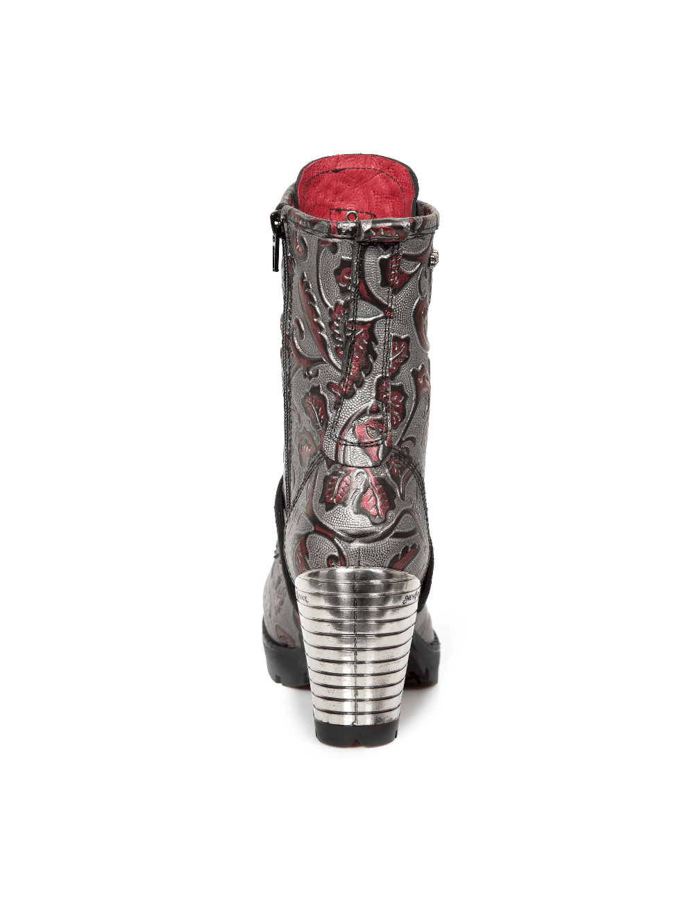 Back view of NEW ROCK women's ankle boots with gray embossed red leaves and metallic stacked heels.