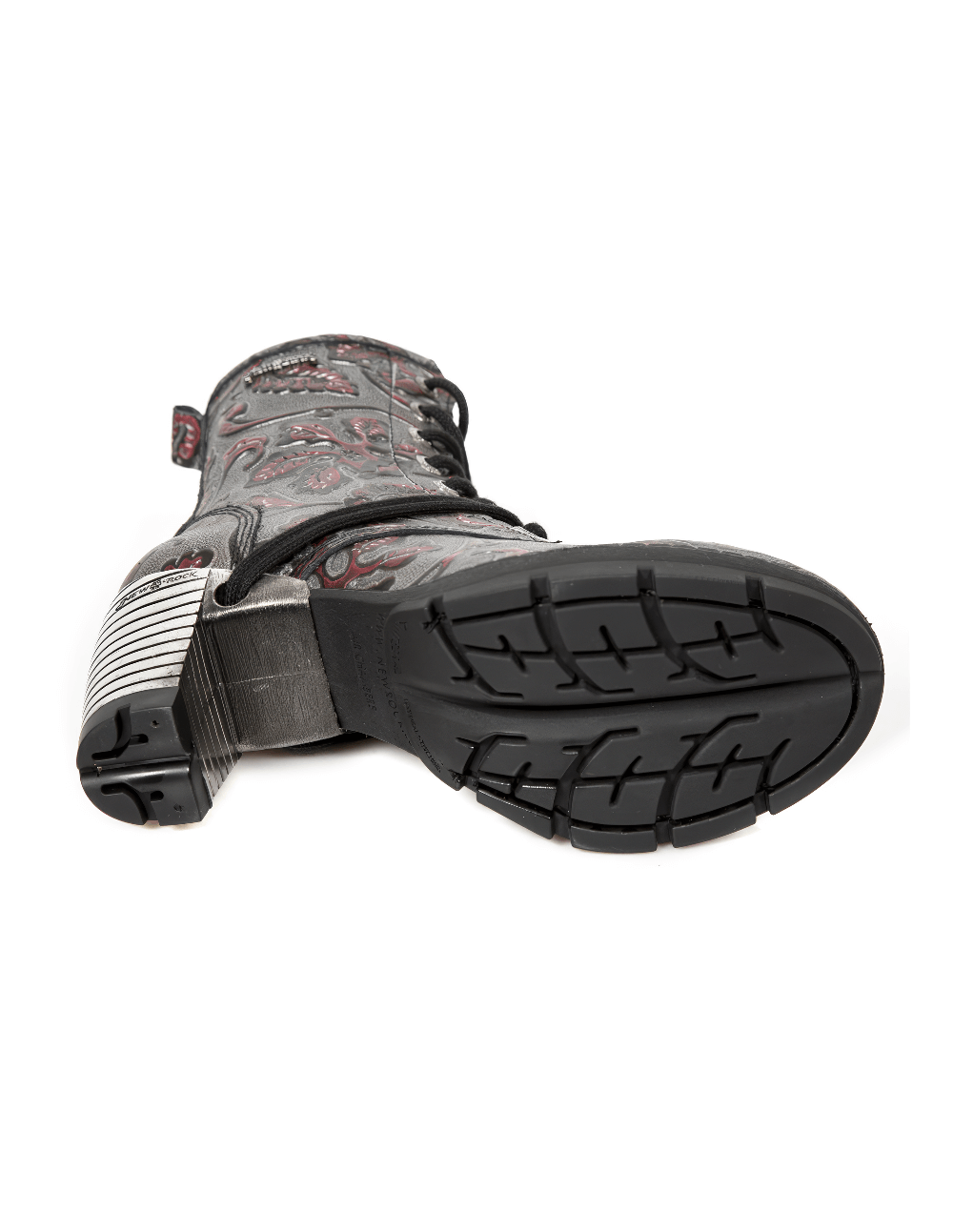 Stylish gray ankle boot with red embossed leaves print and sturdy rubber sole, perfect for edgy fashion lovers.