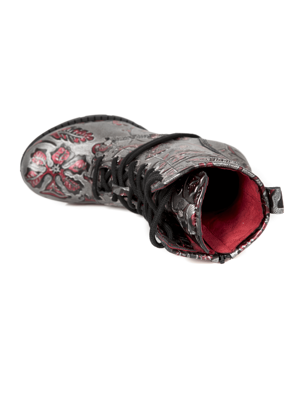 Top view of NEW ROCK gray ankle boots with red embossed leaf print and lace-up design for a chic punk style.
