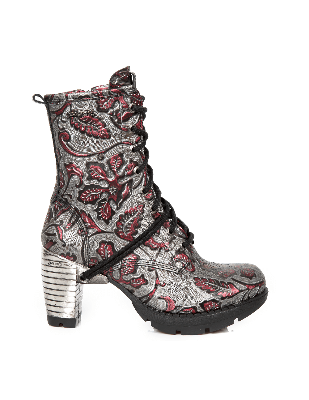 Stylish NEW ROCK embossed gray ankle boots with red leaves print and stacked heels, perfect for edgy fashion lovers.