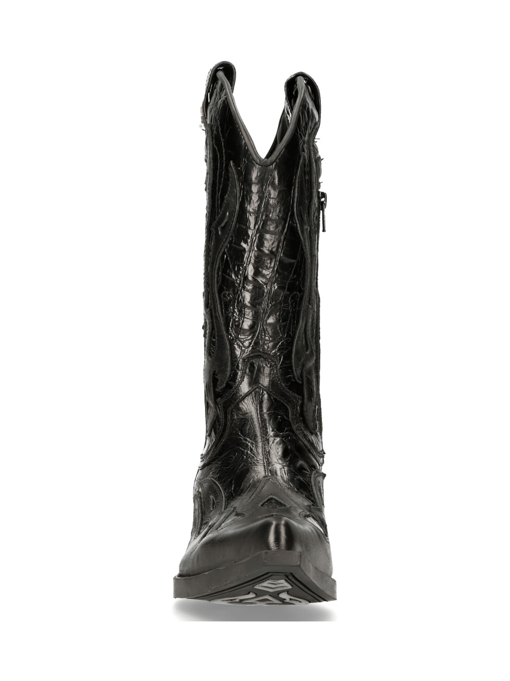 NEW ROCK Men's Black Leather Cowboy Boots with intricate embossed design and zip closure.
