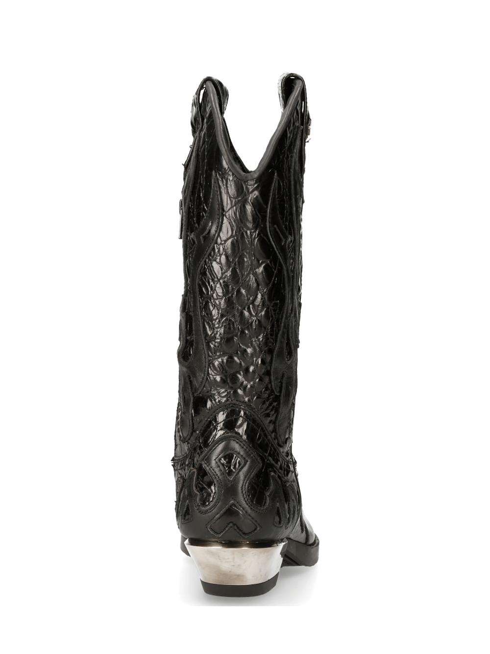 Rear view of NEW ROCK embossed black leather cowboy boots showcasing intricate design and traditional silhouette.