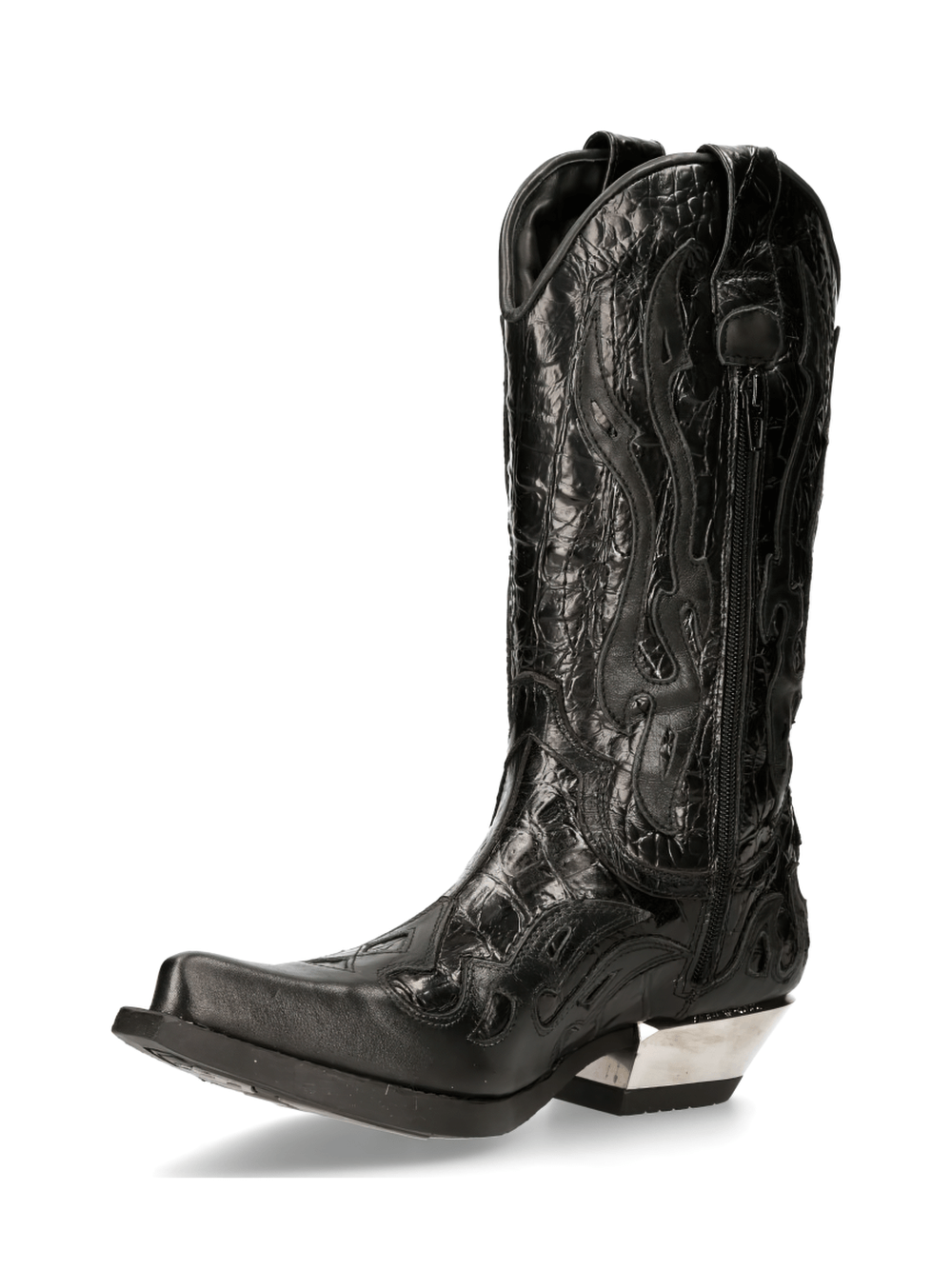 NEW ROCK Embossed Zippered Black Leather Cowboy Boots