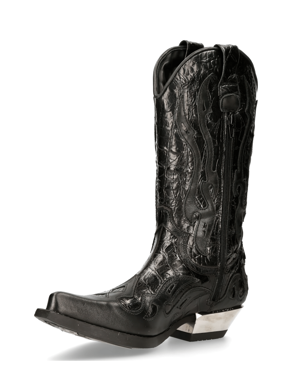 NEW ROCK black leather cowboy boots with embossed design and side zipper, perfect for stylish Western looks.