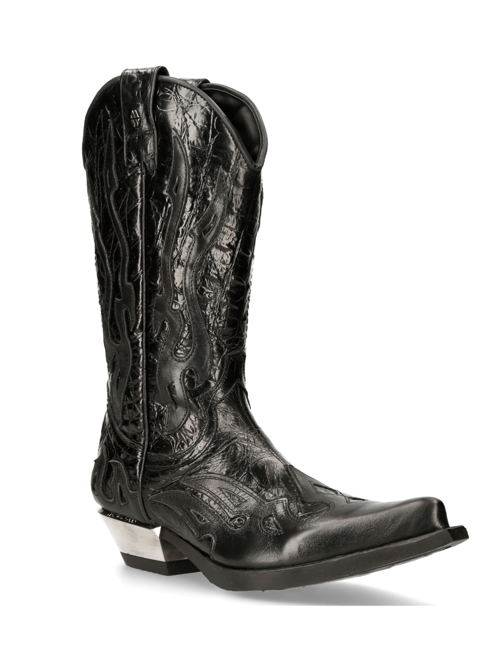 NEW ROCK Embossed Zippered Black Leather Cowboy Boots