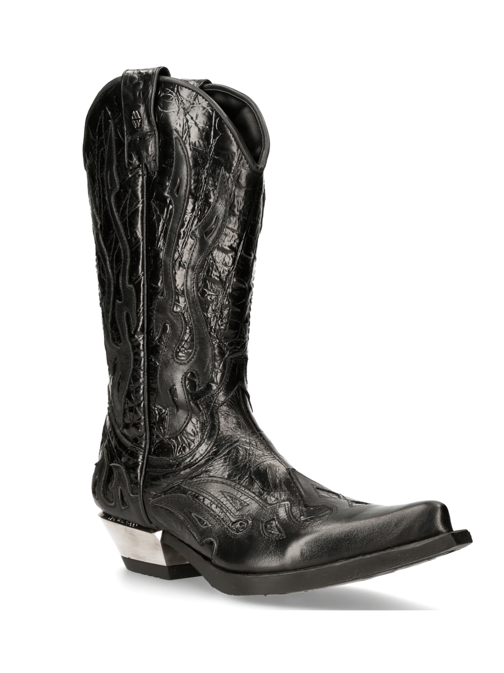 NEW ROCK Men's Black Leather Cowboy Boot with Embossed Design and Zipper