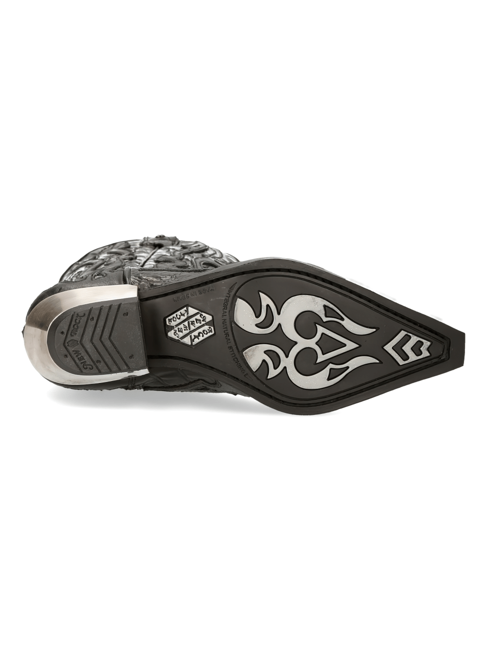 Sleek black leather cowboy boot sole with embossed detailing and stylish design features.