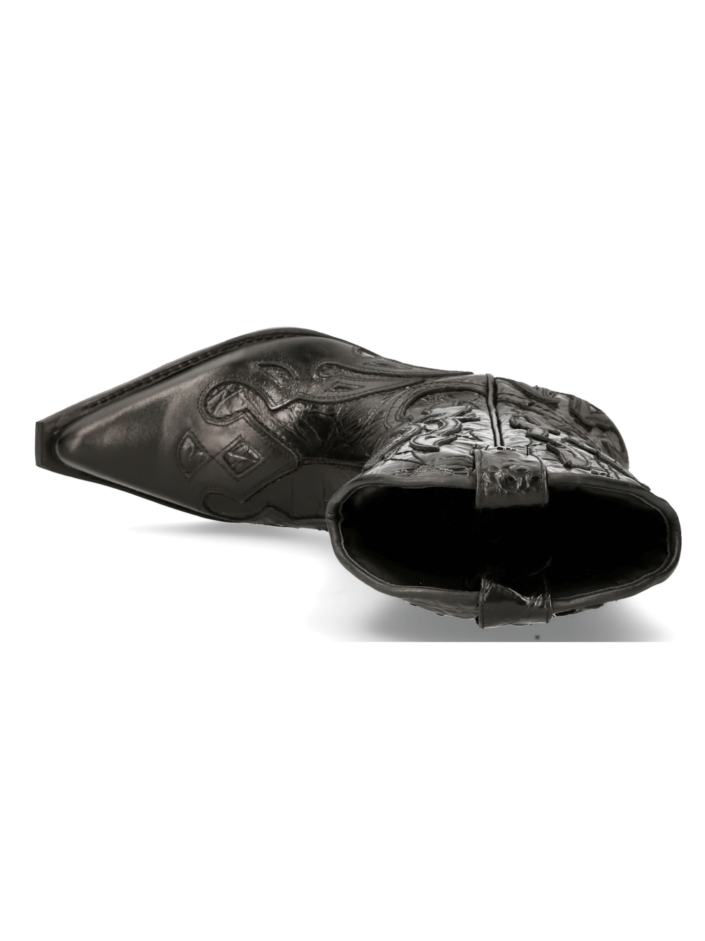 NEW ROCK men's black leather cowboy boots with embossed detailing and zip closure, showcasing a stylish design.