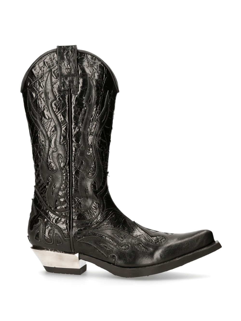 NEW ROCK Men's embossed black leather cowboy boots with zip, stylish Western design, durable rubber sole.