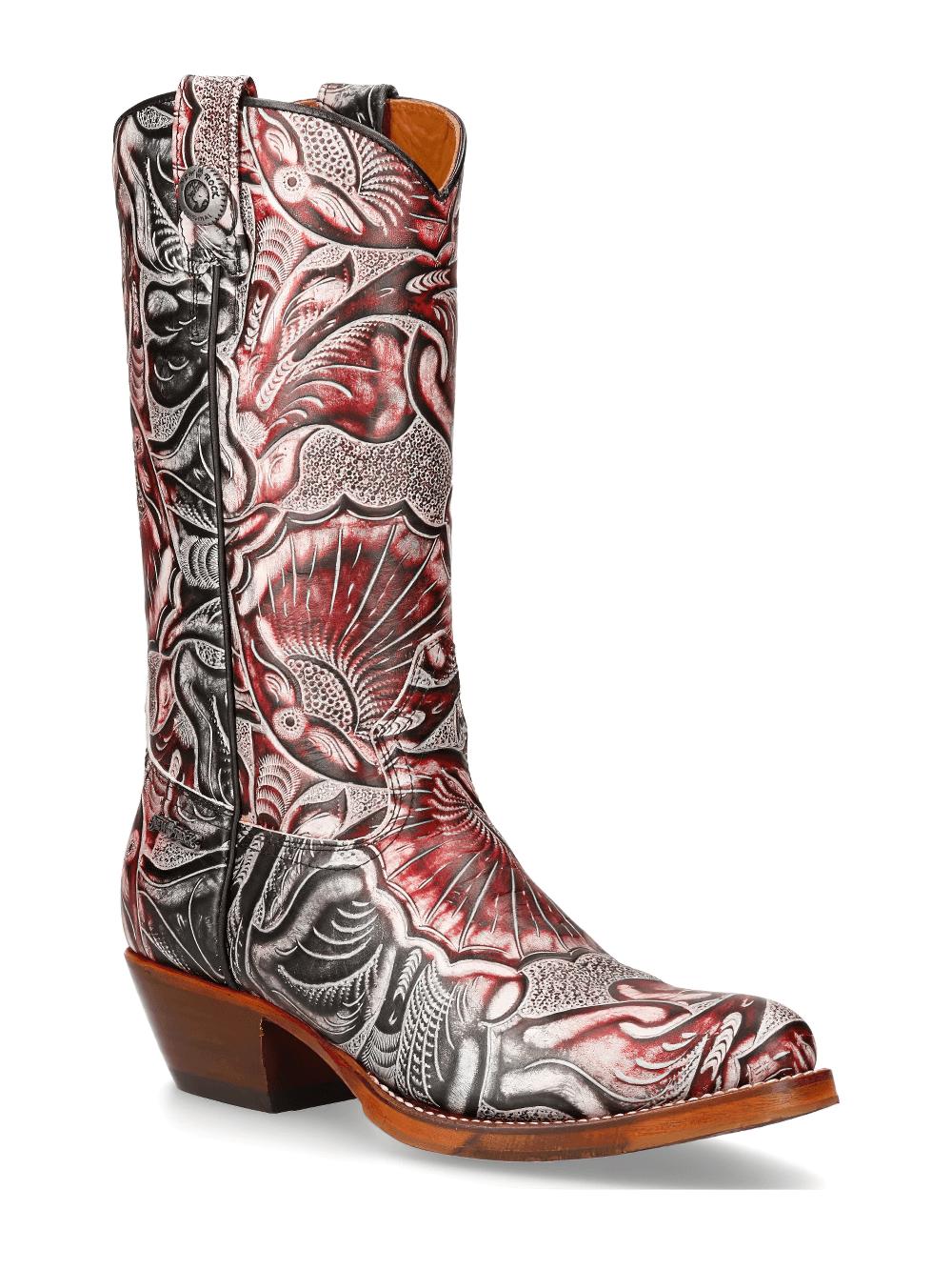 Exotic red and silver carved leather biker boots with floral pattern, ideal for stylish ladies.