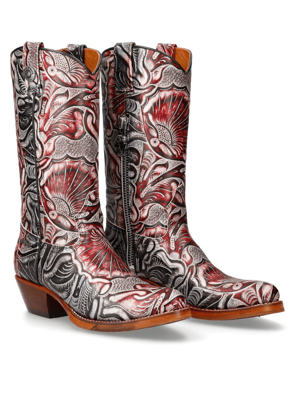 Exotic red and silver carved leather biker boots with floral patterns, offering a stylish and luxurious biker fashion statement.