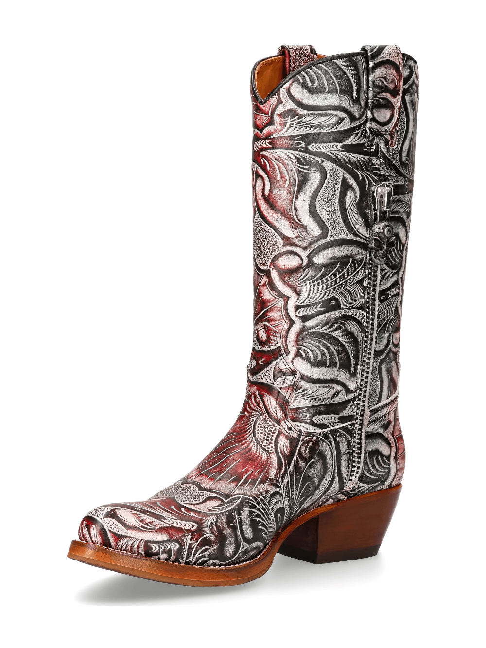NEW ROCK Exotic Red and Silver Carved Leather Biker Boots with floral design and zipper clasp for ladies.
