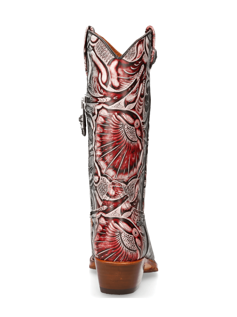 Exotic red and silver carved leather biker boots with floral patterns, view from the back, showcasing intricate design.